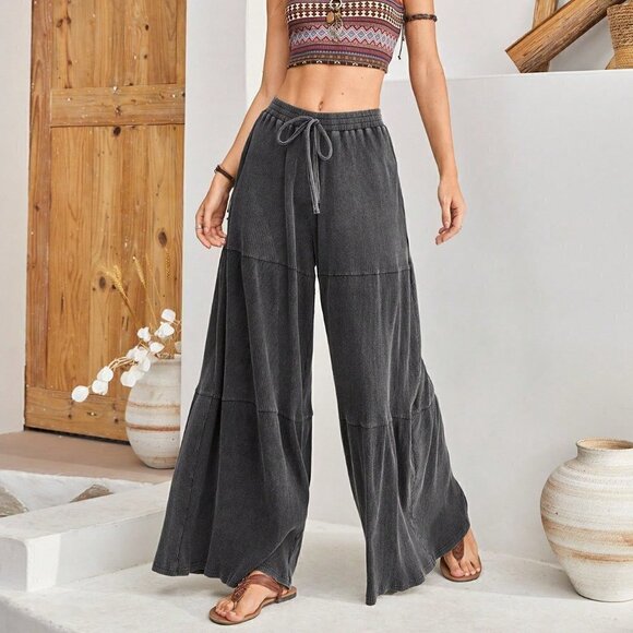 Grey Casual Women's Wide Leg Pants With Drawstring Waist And Ruffle Hem - Picture 5 of 5